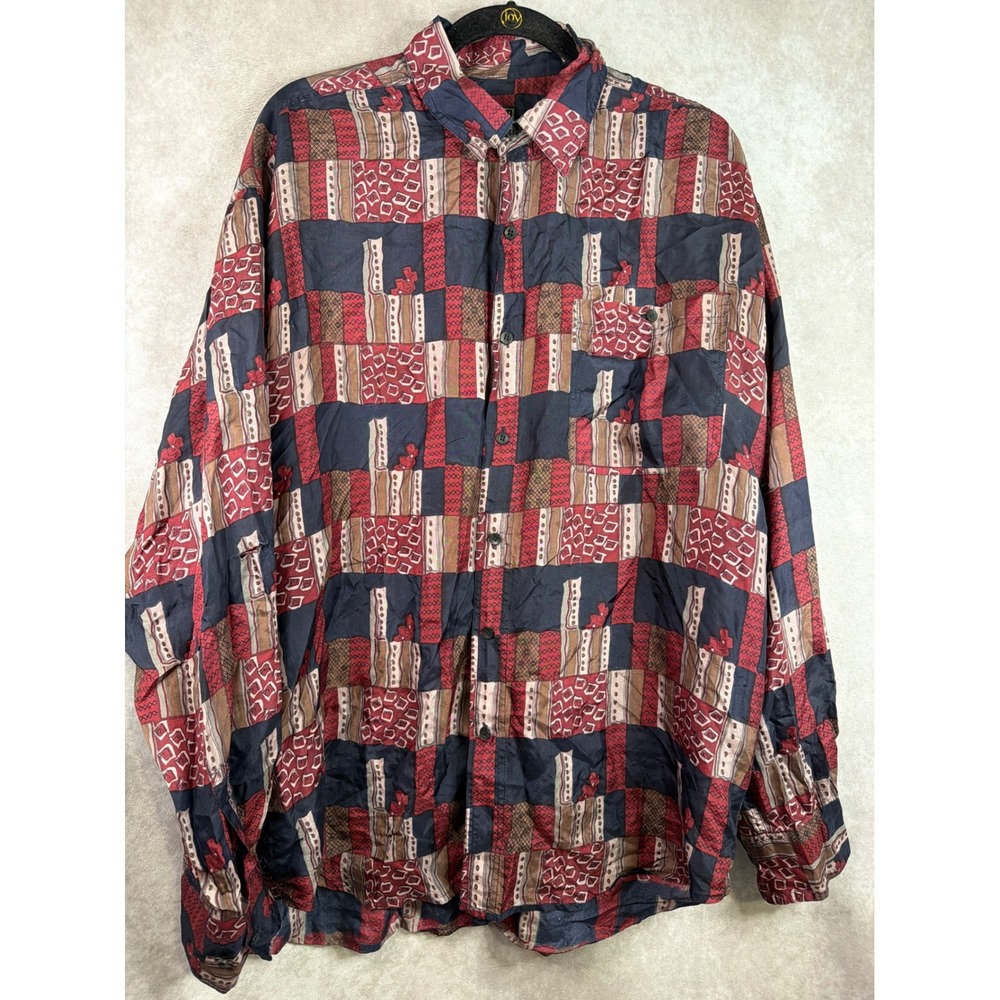 VTG Bogari Studio Button Down Shirt Mens XL Multicolor Silk Geometric Patchwork